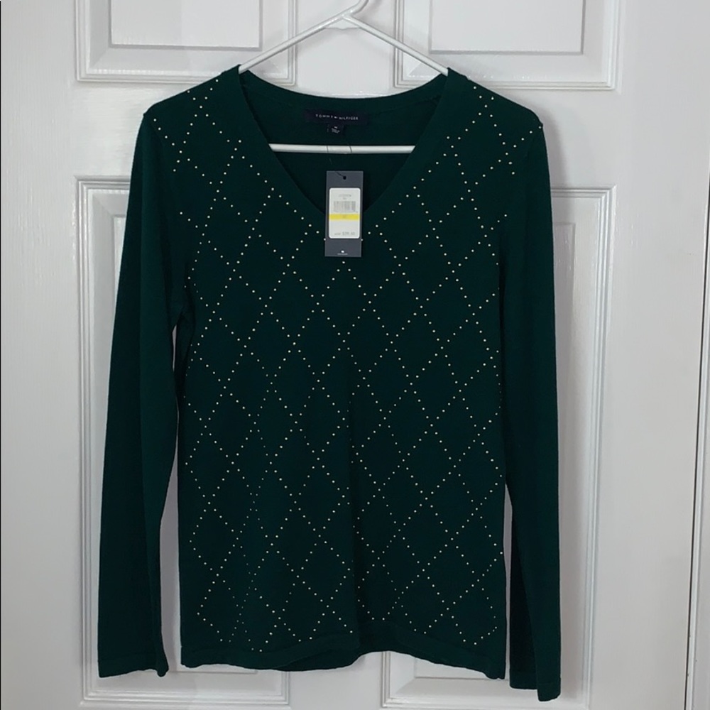 NWT Studded Green Tommy Hilfiger V Neck Sweater